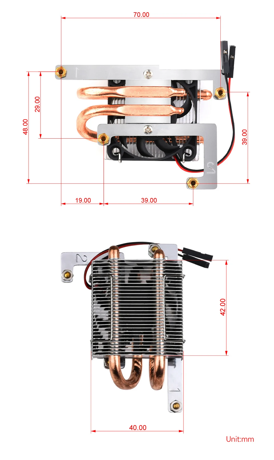 Suitable for VisionFive2 CPU Cooling Fan, U-Shaped Copper Tube, Cooling Fins, Low-profile Ice Tower Fan