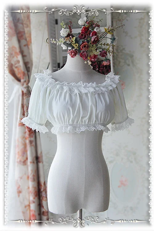 Sweet Detachable Flare Lace Sleeve Chiffon Blouse Ruffled Short Women\'s Crop Top White/Black/Ivory by Infanta