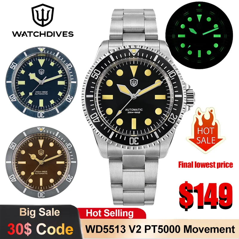 

Watchdives WD5513 V2 Luxury Watches PT5000 Automatic Mechanical Movement Luminous Mens Watch Sapphire 200m Waterproof Dive Watch