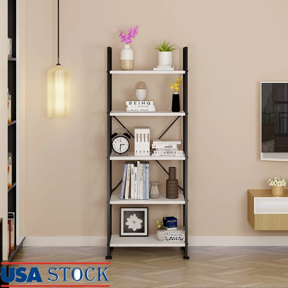 

5-Tier Industrial Bookcase Freestanding Storage Shelf Metal Frame Rustic Open Shelves Living Room Office Home Decor