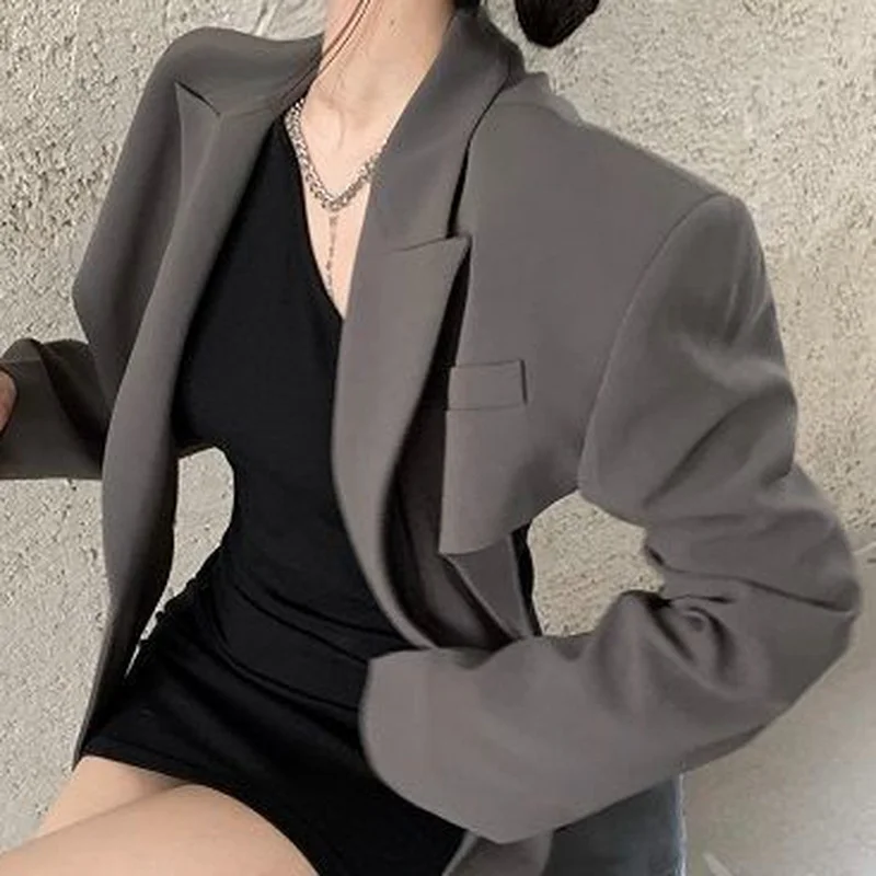 

Vintage Fashion Chic Korean Blazers Women New Sexy Backless Grey Elegant Long Sleeve Blazer Outwear Notched Streetwear All-match