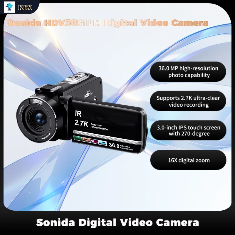 Kamera wideo Sonida 2.7K, 36MP z diodami LED, 16-krotny zoom cyfrowy, rejestrator wideo z ekranem dotykowym IPS 3.0 cala