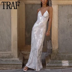 TRAF-Robe Longue Argentée pour Femme, Tenue de Soirée Sexy, Dos aux, Brillante, Fibre, Été, 2023