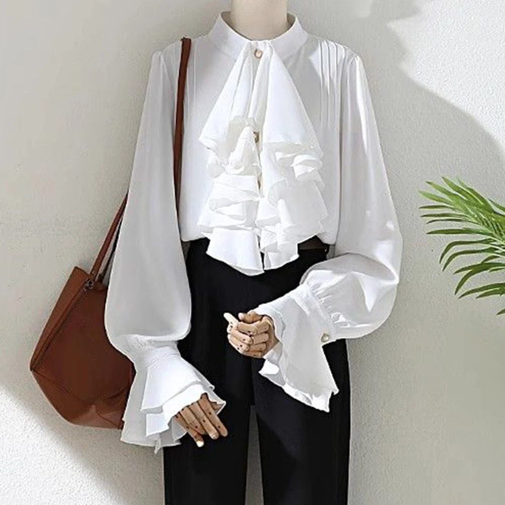 

Retro court style satin white stand-up collar shirt women's spring and summer niche design sense horn sleeve chic top