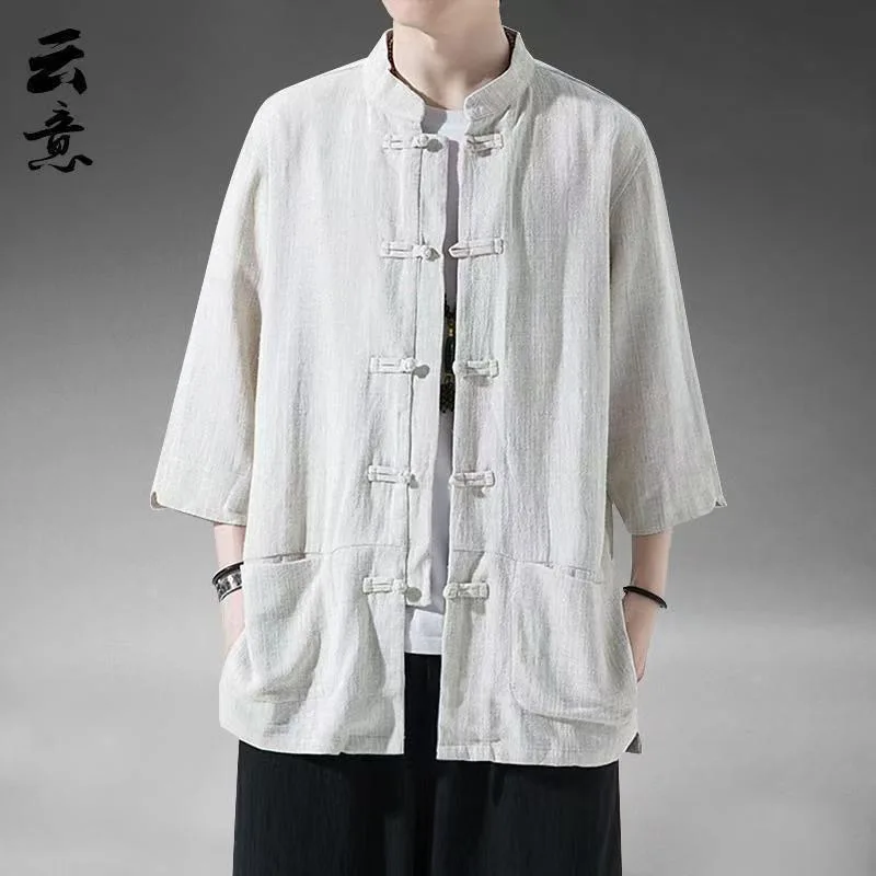 

Summer Men's Cotton Linen Short Sleeve Tang Suit Vintage Five Sleeve Hanfu Large Size Half Sleeve Tea Casual Breathable Shirt