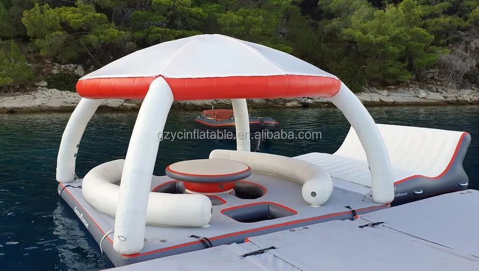 Guangzhou sea water playing equipments inflatable dock platform with canopy