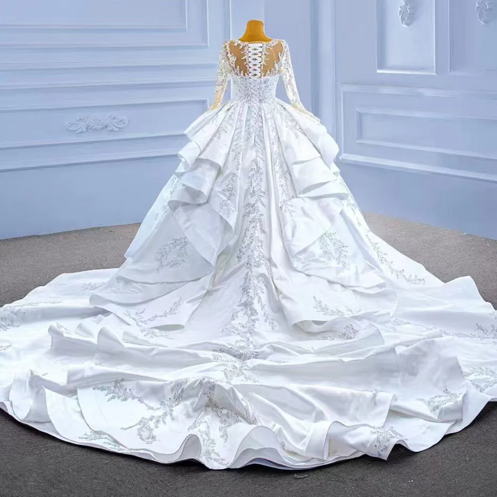 Wedding Dress O-Neck Long Sleeves Lace-Up Back Pearls Sequined Ball Gown Women's Elegant Bridal Gown - view 5