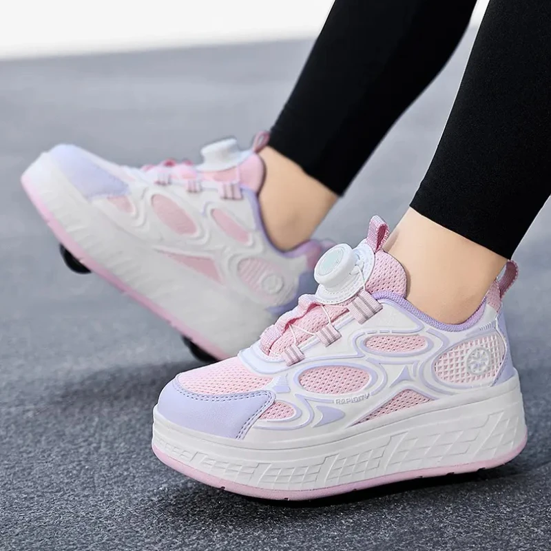 أحذية مشي برباط قابلة للتنفس للفتيات 2025 زلاجات دوارة رياضية قابلة للسحب بأربع عجلات للطالبات أحذية رياضية خارجية