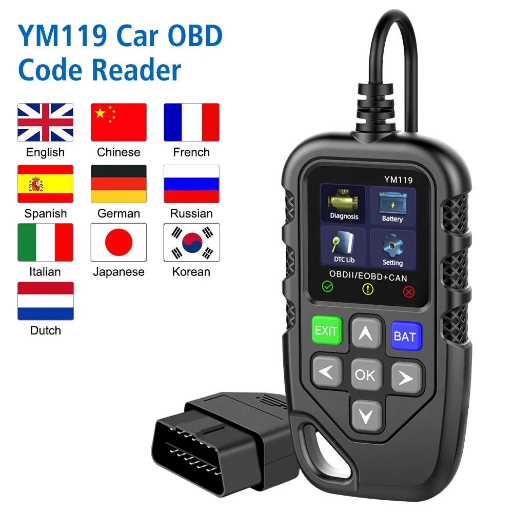 YM119 자동차 자동 진단 도구 OBD2 코드 리더 OBDII 스캐너, 모든 차량에 작동, 다국어 차량 정보 읽기 