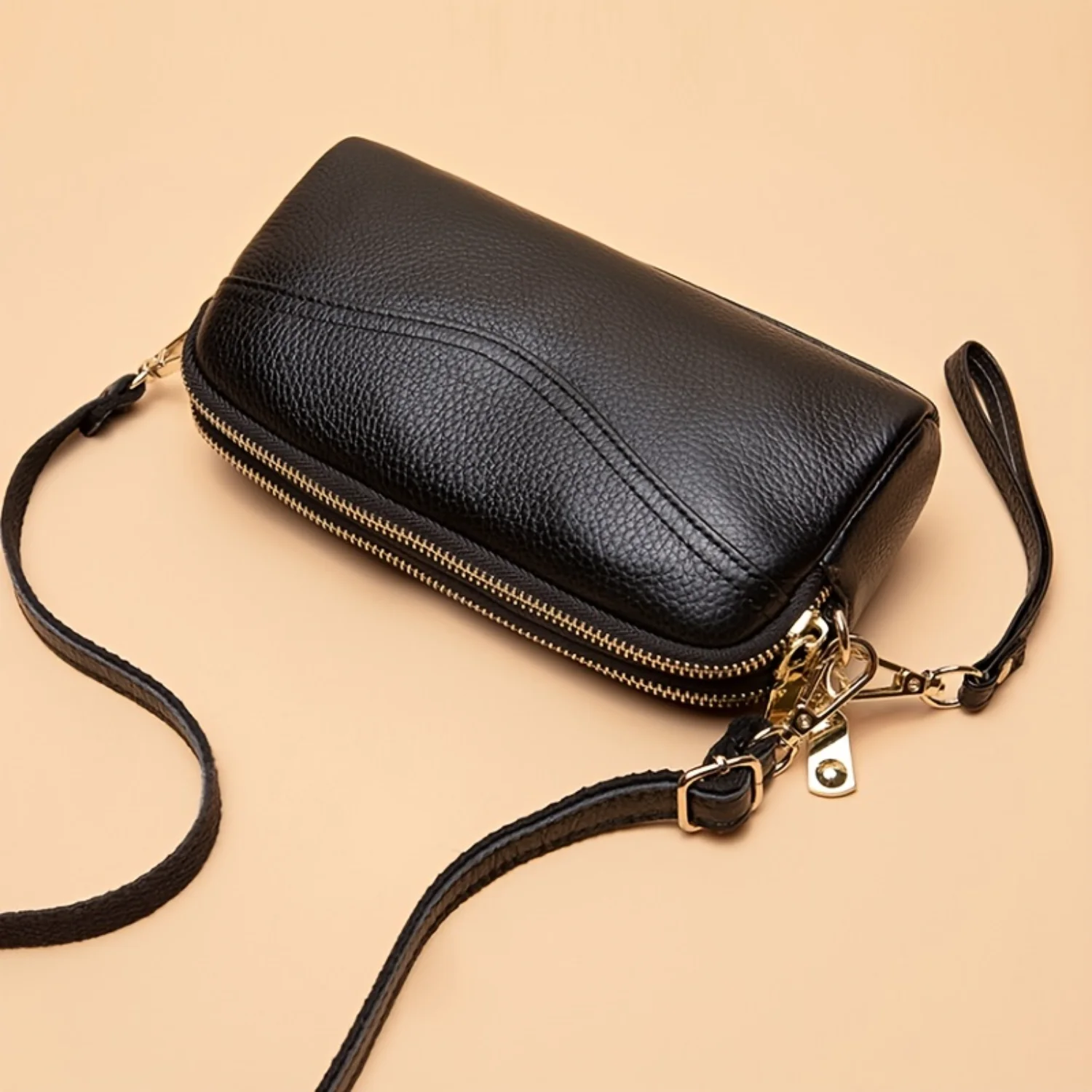 Small Zipper Crossbody Bag, Double Layer Clutch Purse, Solid Color Wristlet Wallet - Women's Stylish Accessory