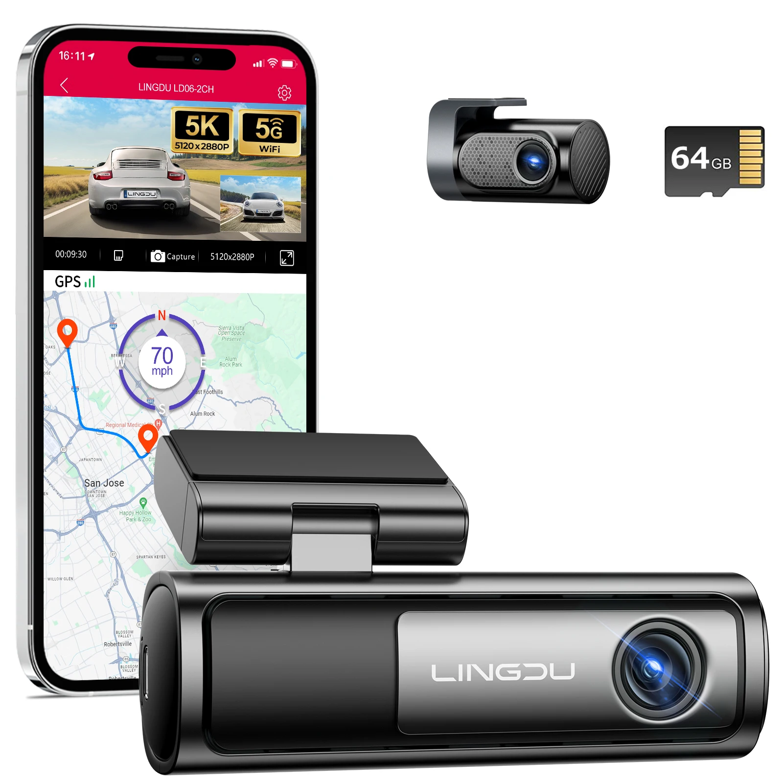 Câmera Veicular LINGDU 4K+2K Frontal e Traseira para Carro, Câmera Frontal 5K, WiFi 5.8G, GPS, Visão Noturna, Modo de Estacionamento, Controle por Voz LD06