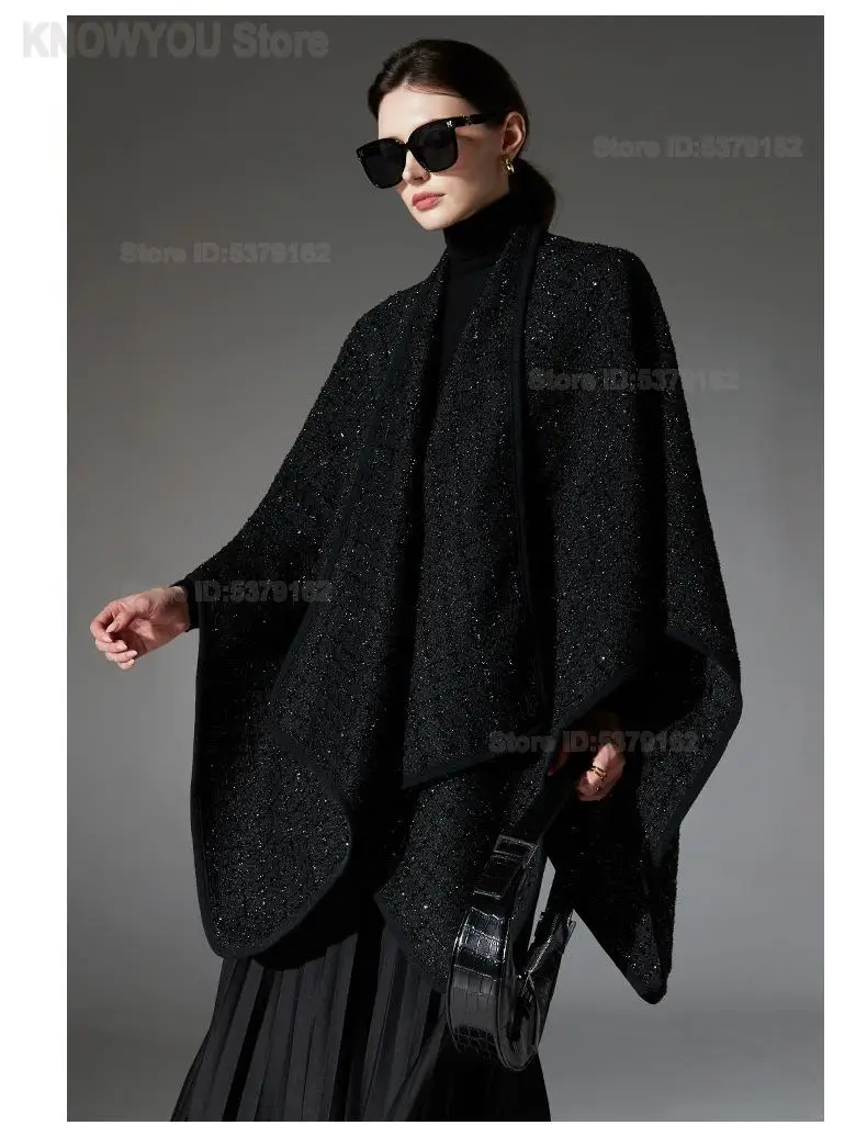 2026 Autumn Winter Women European Black Sequin Tweed Wool Cape Shawl, Elegant Style Warm Outerwear Wrap
