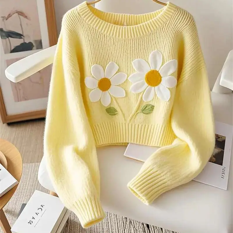 Limiguyue Autumn Winter French Yellow Flower Knitted Sweater Women Soft Short Wool Pullover Fashion O-neck Knitwear Causal 541P