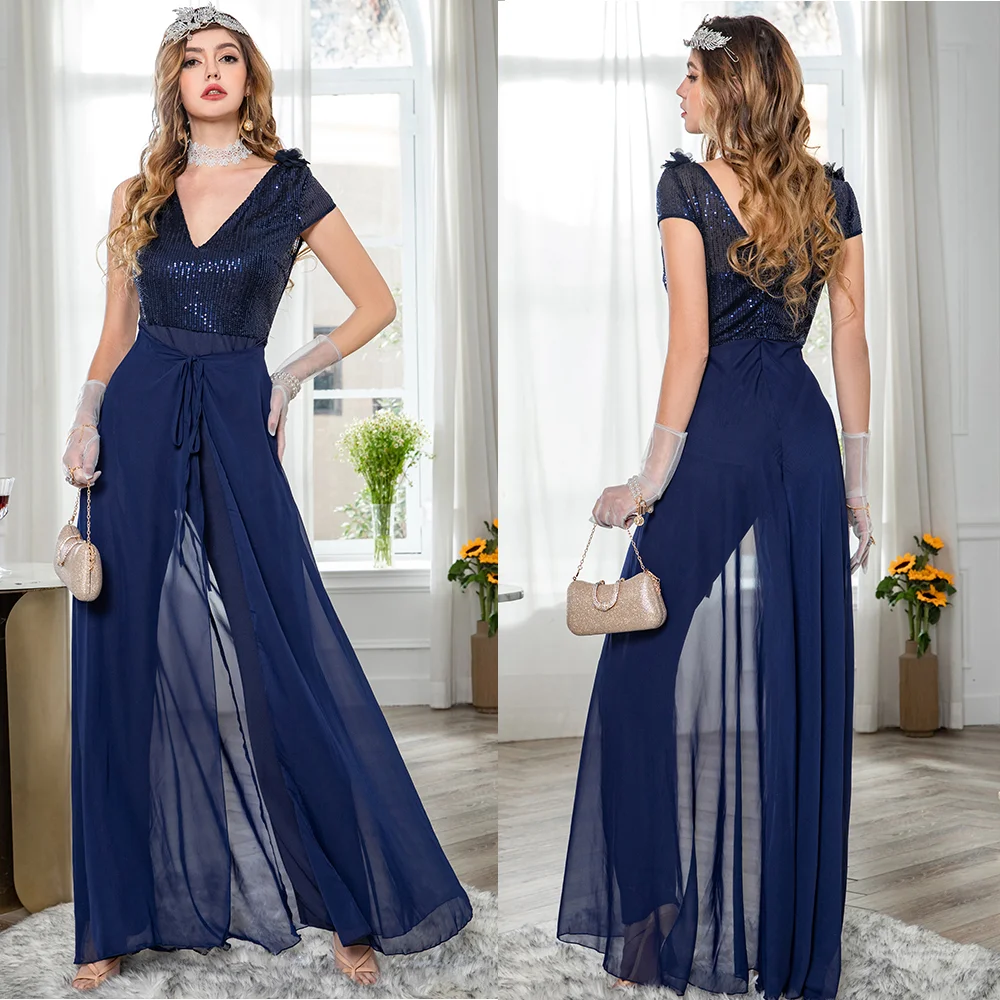 Modern Blue Sequins Guaze Women Party Jumpsuit Fashion Flower Evening Jumpsuit Sexy V Neck Sleeveless Pary Romper Dress Vestidos