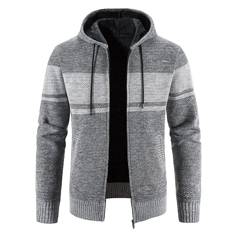 Autumn And Winter New Men's Hooded Fleece Thickened Sweater Knitted Cardigan Jacket Color Matching Men's Sweater