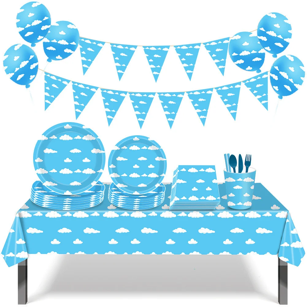 Disposable Cutlery Set Blue Sky White Cloud Party Paper Plate Paper Cup Paper Towel Tableware Supplies Baking Cake Plate