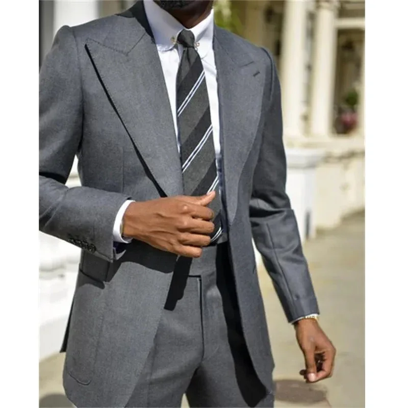 Formal Men\'s Suits Dark Grey Peak Lapel One Button Blazer Slim Fit Elegant Wedding 2 Piece Jacket Pants Costume Homme Blazer