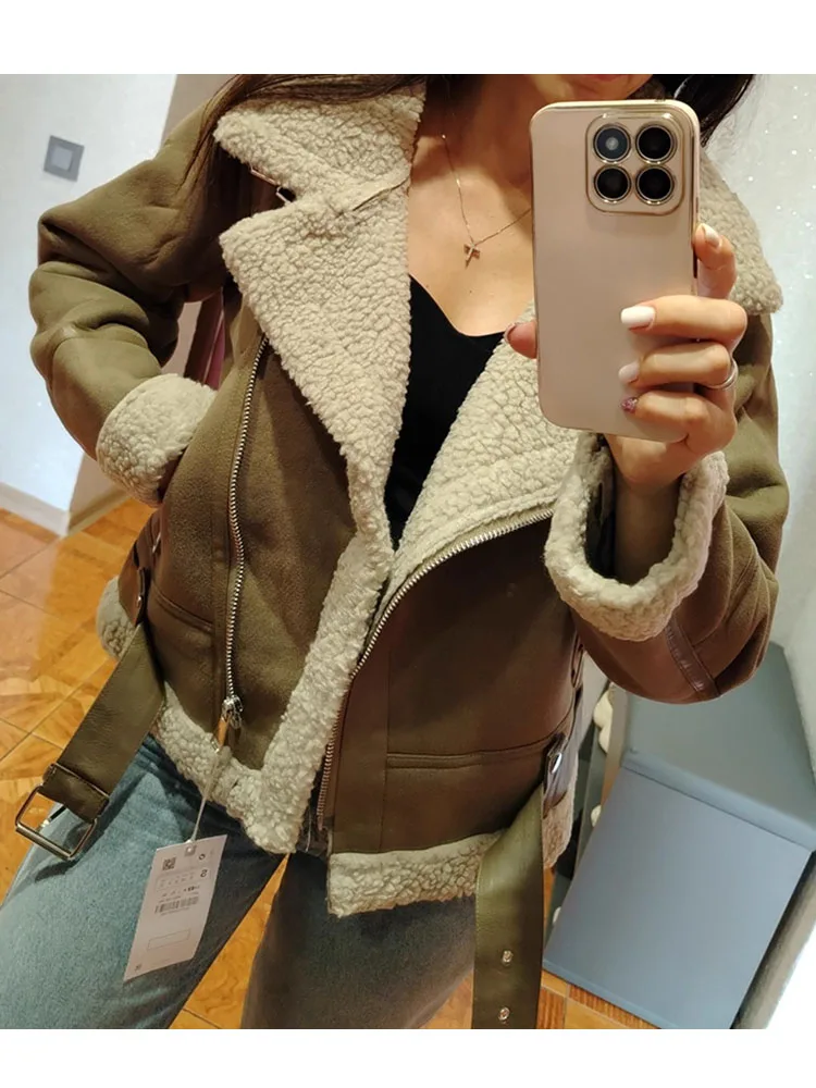 ZADORIN 2025 Winter Stijlvolle Suède Oppervlak Faux Lamsbontjas Vrouw Y2K Kleding Mode Moto Dikke Warme Bontjas Topjassen