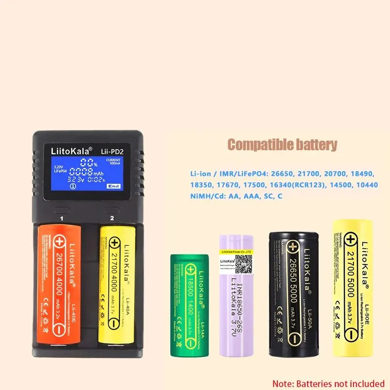 LiitoKala Lii-PD2 18650 Battery Charger for 3.7V Li-ion 18650/18500/16340/26650/21700 /20700/18350/CR123A 1.2V Battery+Car