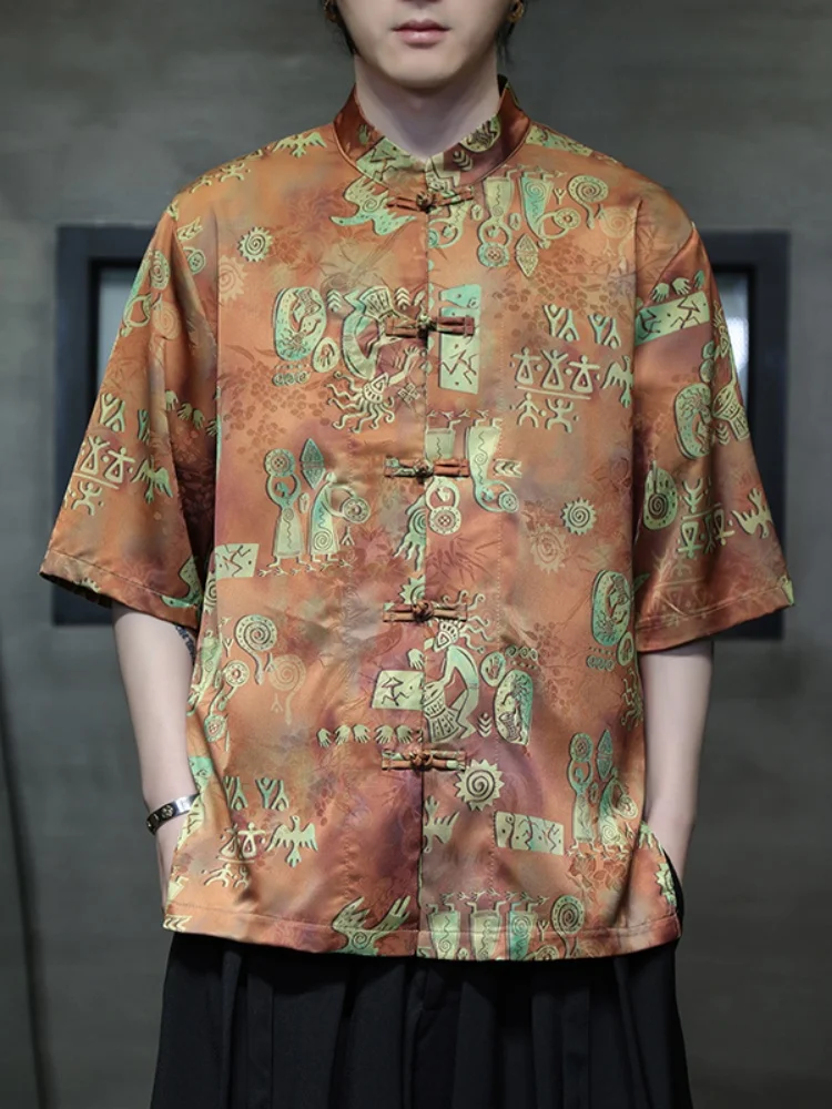 

New Chinese Sle Ice Silk ort Sve irt Men Summer Thin Loose Five Sve Wind Tang Costume Button Stand Collar irt