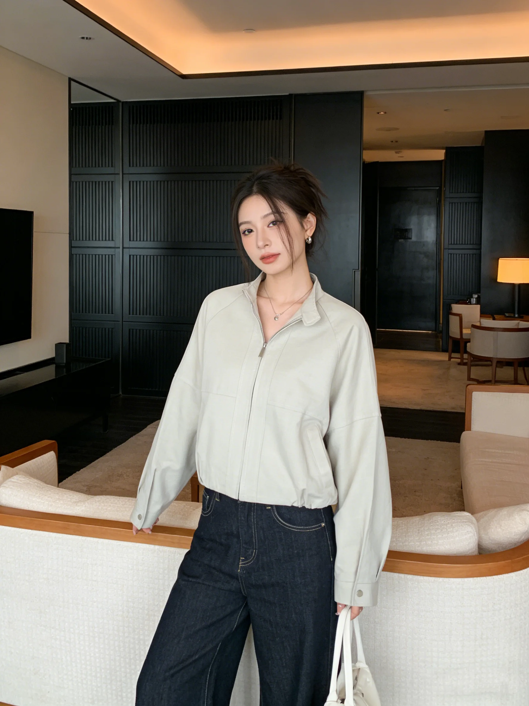 

Корейская повседневная женская куртка-жакет на молнии с воротником-стойкой, свободного кроя, однотонная, для весны и лета