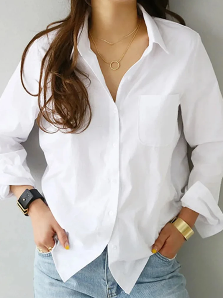 Women Fashion Button Shirts Blouses 2024 Summer Feminine Top Long Sleeve Tops Casual White Turn-down Collar OL Style Office Top