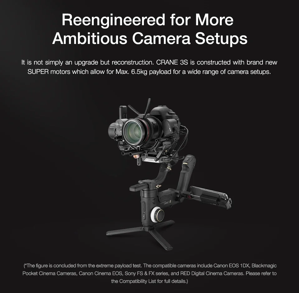 جديد Zhiyun CRANE 3S 3-محور يده مثبت كاميرا Gimbal دعم 6.5 كجم DSLR كاميرا فيديو كاميرات الفيديو لنيكون كانون