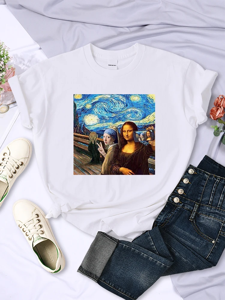 

Футболка «Пизображение меня и Моны Лизы», женская модная свободная футболка, летние футболки большого размера, дышащие повседневные женские футболки с короткими рукавами