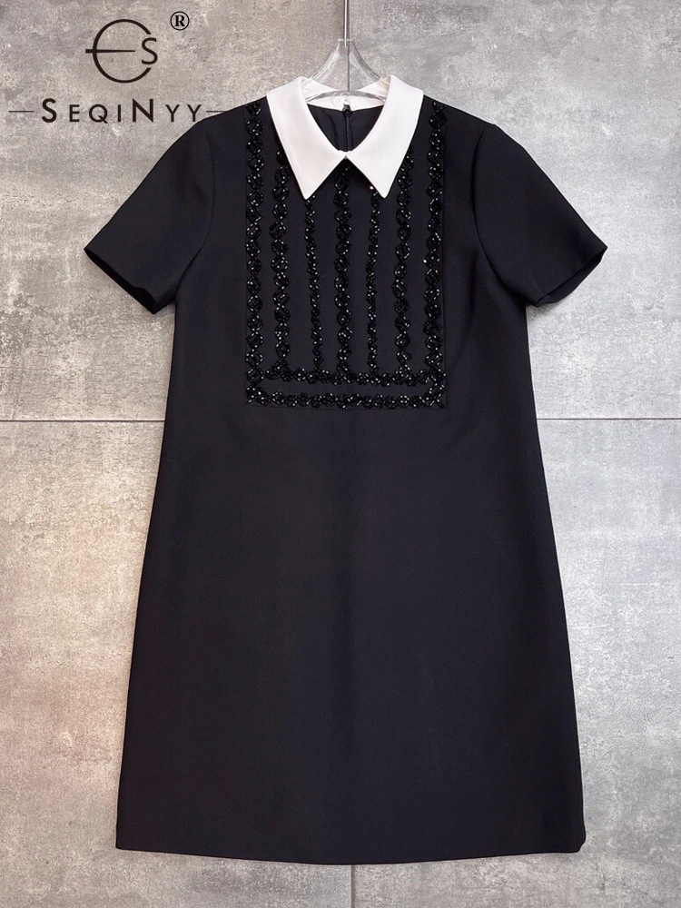 

SEQINYY Black Mini Dress Summer Spring New Fashion Design Women Runway High Quality 69% Viscose Beading Office Lady Elegant