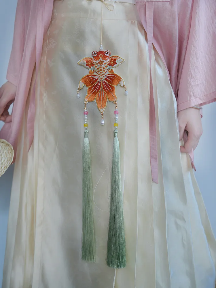 Chinese Traditional Hanfu Accessory Double Sided Two Tone Embroidered Koi Sachet Pendant Long Beaded Tassel Waist Hanging Charm