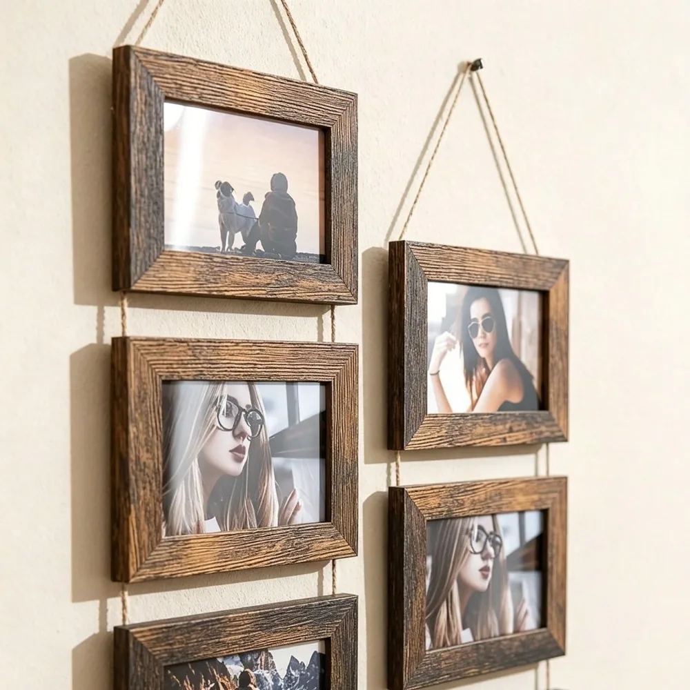 Vintage Wooden Wall Mounted Picture Frame Collage with Hemp Rope Suitable Decorative Wall Art Living Rooms Bedrooms Dormitorie