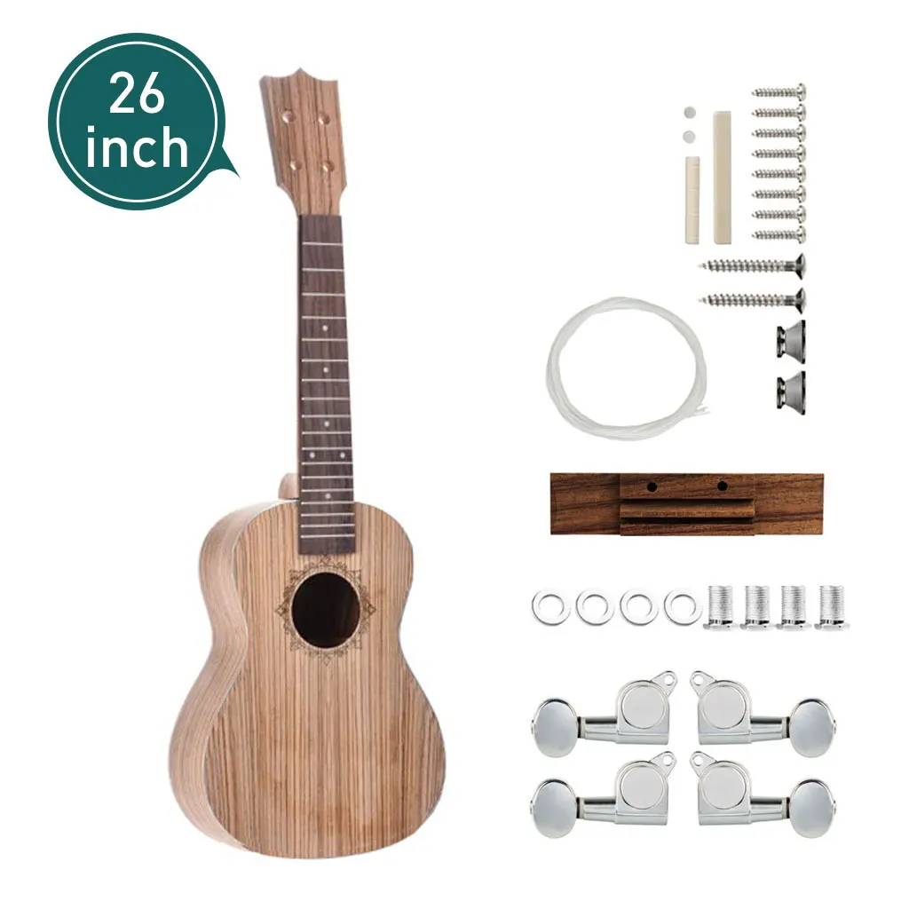 Unfinished 23\'\' 26\'\' Concert Tenor Ukelele 4 StringsHawaii Guitar DIY Kit Zebrawood Body Fingerboard Pegs Strings Bridge Nut SET