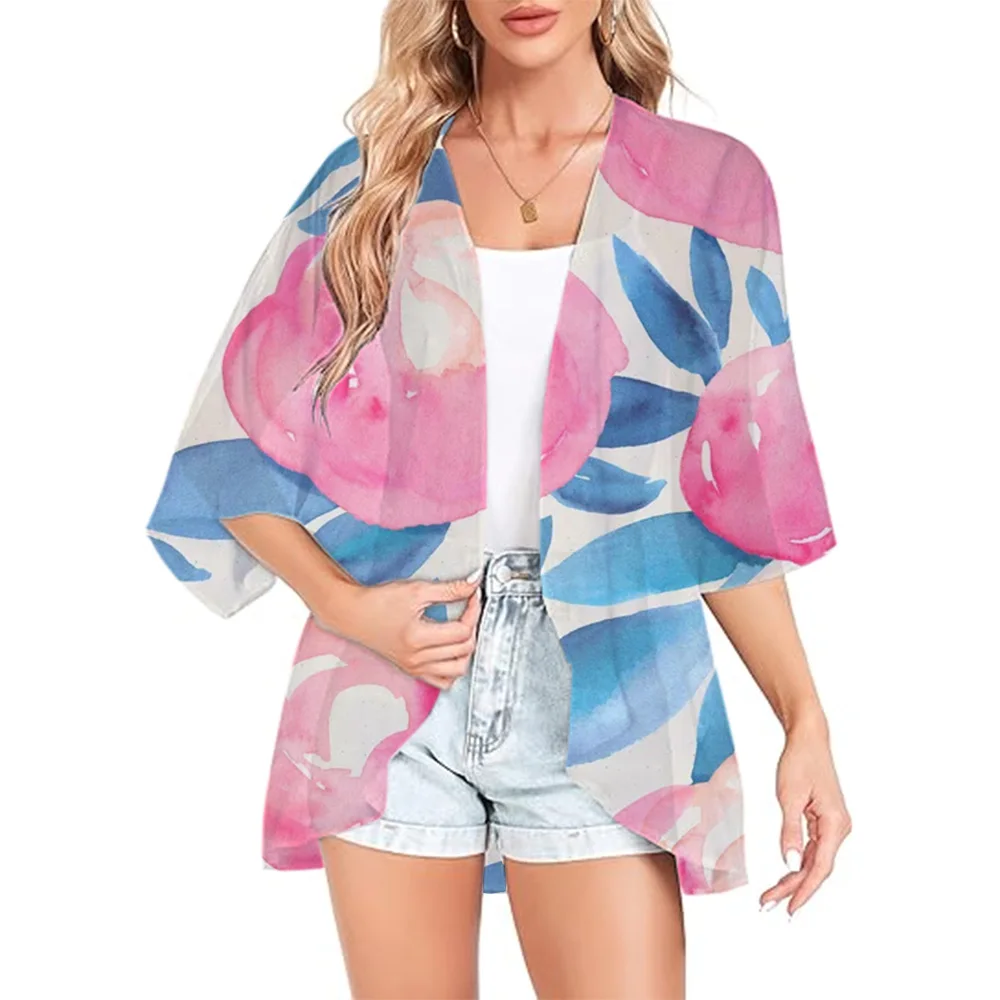 Cardigan en mousseline de soie à imprimé floral pour femmes, kimono de plage, haut de bikini, cover-up sexy, châle transparent, cardigan surdimensionné, été