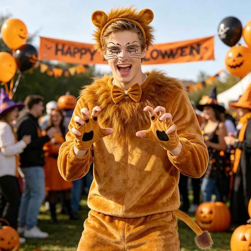 5PCS Lion Costume Set Mane Headband Tail Bowtie Paws Halloween Dress Up Safari Jungle Animal Halloween Birthday Party Dress Up 5