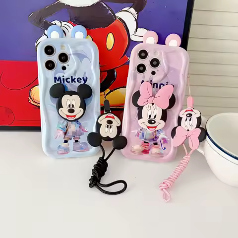 For Samsung Galaxy A13 A23 A04 A04E A14 A34 A54 A05 A05s A15 A22 A33 A53 A73 A24 A31 Ear Minni Mickey Wave Case With Holder Rope