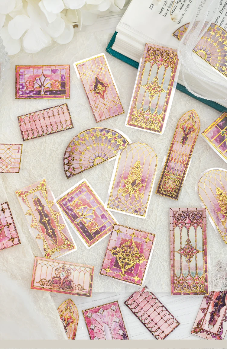 Journal GO 30 Stück Vintage wunderschöne florale Fliesen-Aufkleber mit Heißfolienprägung für Scrapbook-Karten, DIY, goldene geprägte Muster, Planer-Aufkleber – Detail 12