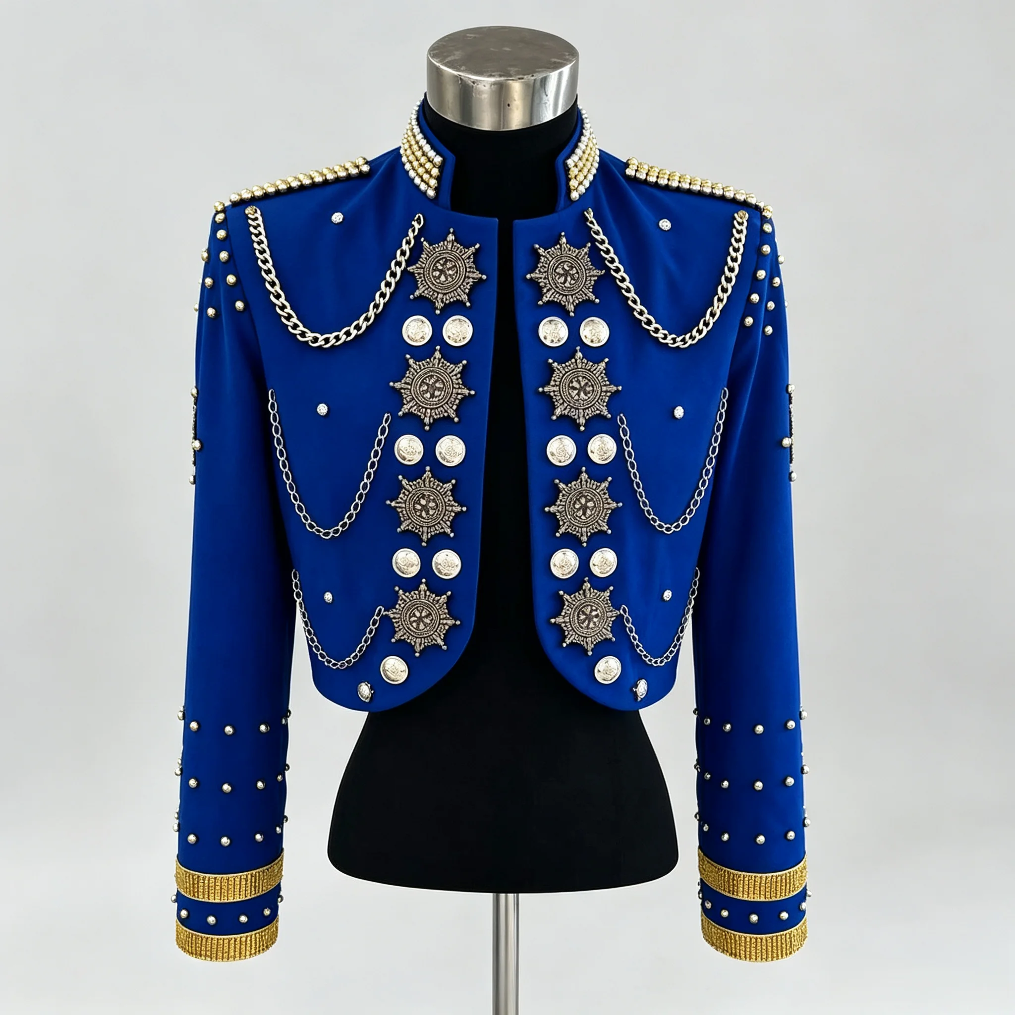 Men's Royal Blue Military Style Jacket with Gold Chain Badge Beading Stand Collar for Stage Performance Singer Show Costume