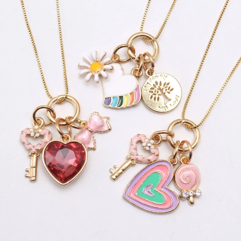 Colorful Heart Pendant Necklace for Kids Stylish Drop Oil Alloy Pendant Neck Chain Trendy Neckwear Fashion Jewelry Gift