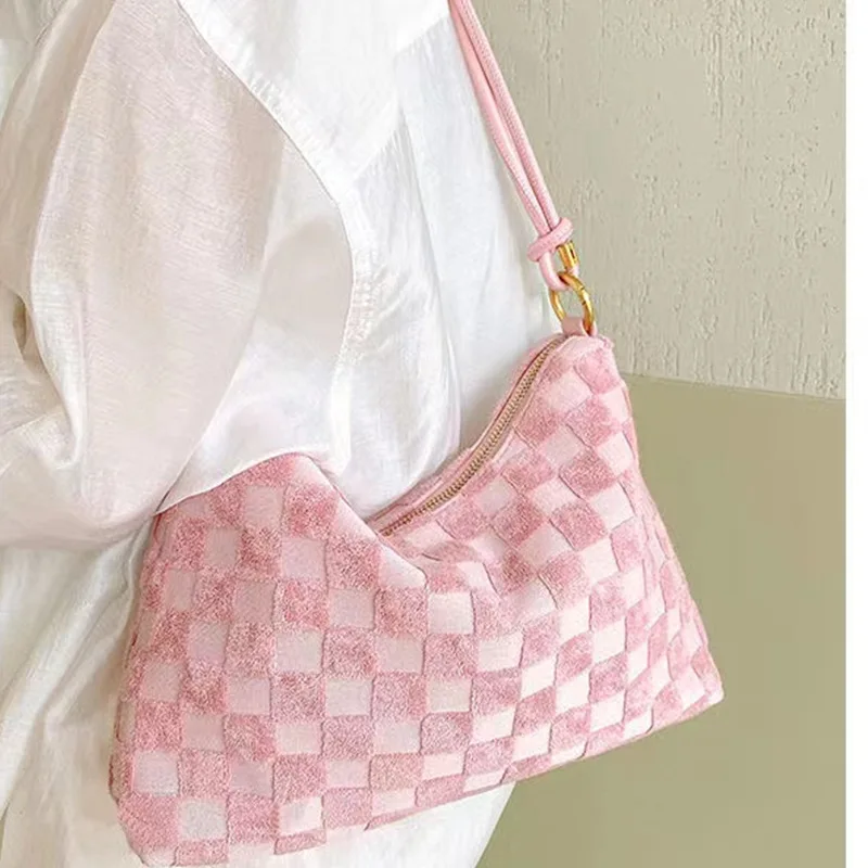 New Women Pink Cute Checkerboard Canvas Bag PU Handbags Female Shoulder Bags Fashion Crossbody Bags for Ladies