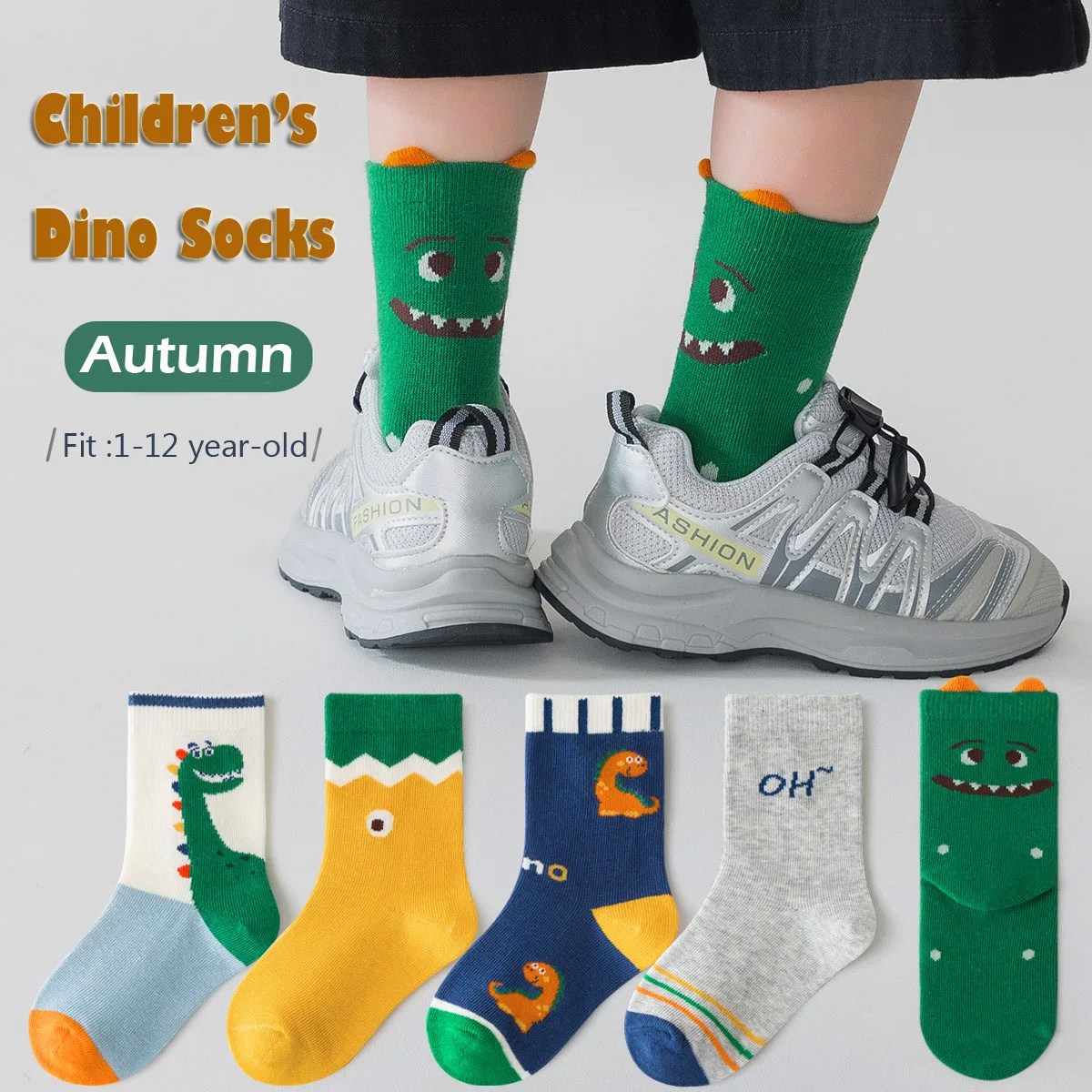 1-12T Boys Autumn Socks Mid Calf Socks Kids' Baby 5 Packs Dinosaur Pattern Cotton Socks Children's Socks