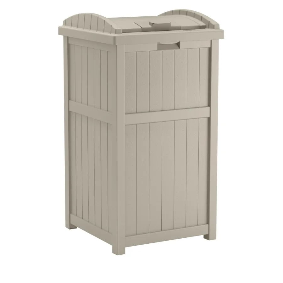 

Resin Hideaway Outdoor Trash Can with Latching Lid in Taupe for Secure and Stylish Waste Storage in Garden Patio or Deck Settin
