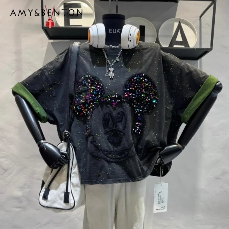 

2025 Spring Summer New Tees Heavy Industry Sequin Embroidery Cartoon Head Design Sense Y2k Loose Short-sleeved T-shirt Pullovers