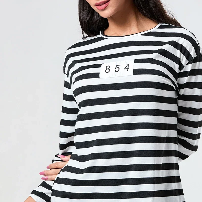 Women Halloween Prisoner Costume Set Striped Long Sleeve Tops Long Pants Hat Funny Cosplay Clothes