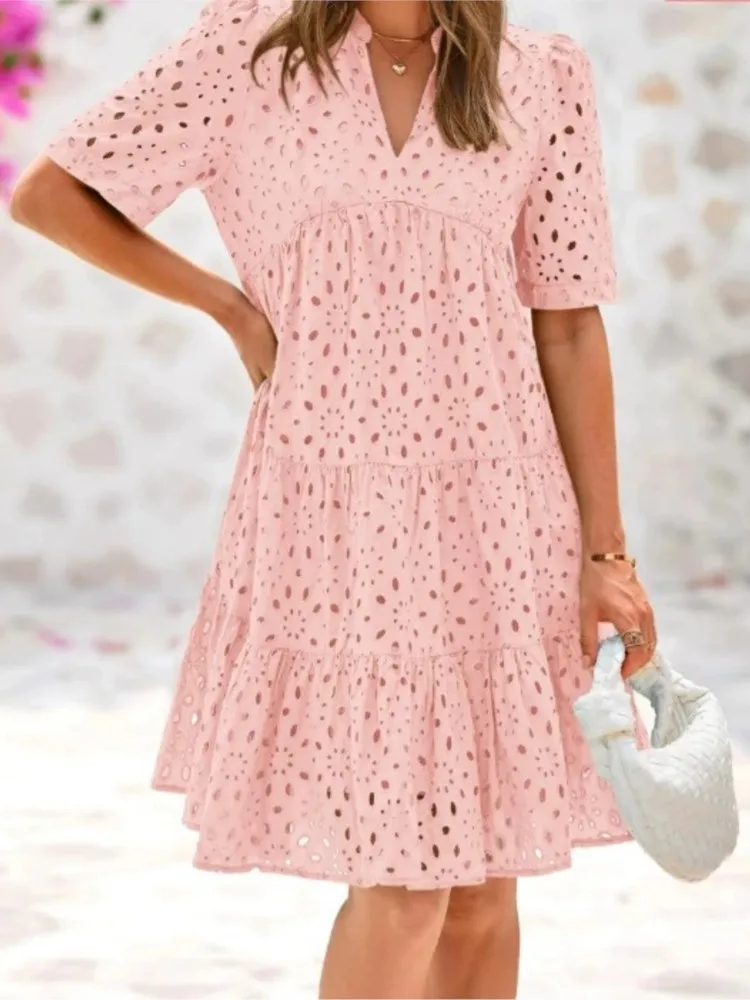 

2025 Summer Elegant Hollow Out Lace Ruffle Casual Loose Dress Women Fashion Office Lady V-neck Short-sleeved A-line Midi Dresses