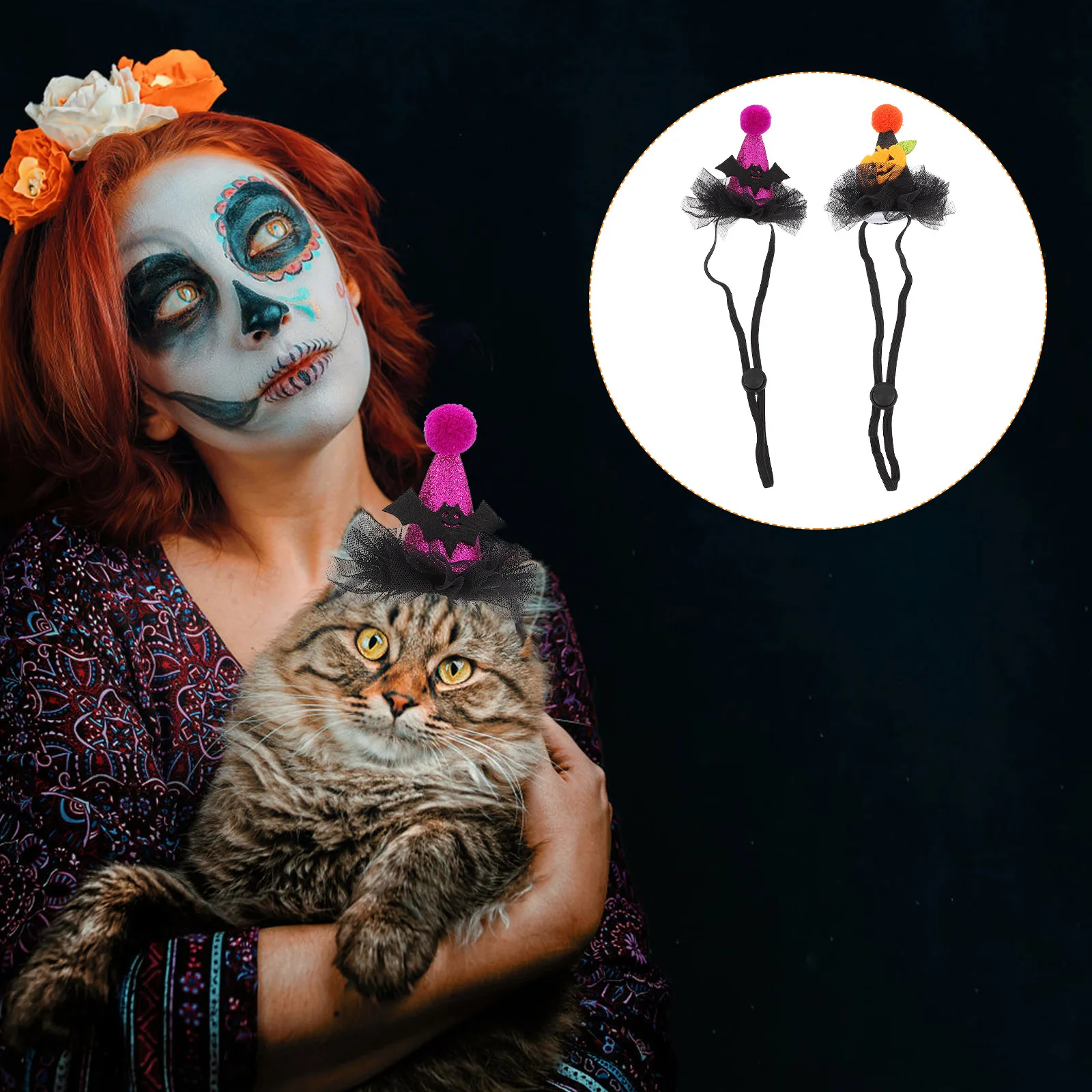 

2pcs Halloween Dog Costume Headb Cat Witch Headdress Decorative Bridal Groom Linen Mixed Adjustable Strap Sliding Buckle Bat
