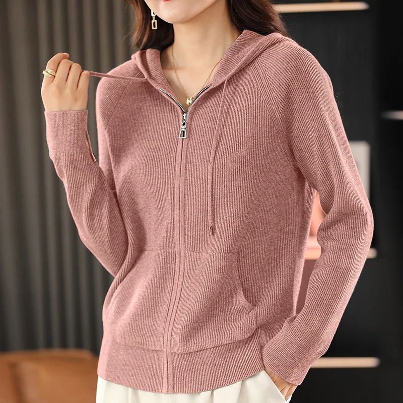 Women Autumn Winter Wool Blend Sweater Hooded Collar Thicken Knitted Zipper Cardigan With Pocket Basis ​Top Female Coat