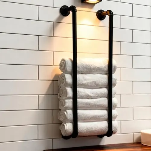

Black Industrial-Style Wall-Mounted 36-Inch Vertical Towel Organizer For Bathroom Storage