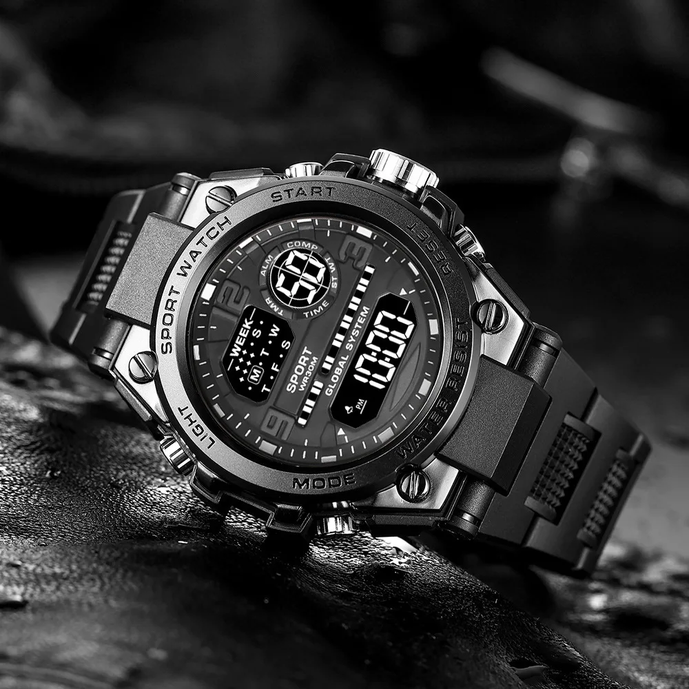 طقم ساعات رياضية رجالية متعددة الوظائف مقاومة للماء وساعة منبه مضيئة وساعة رقمية رياضية إلكترونية للرجال