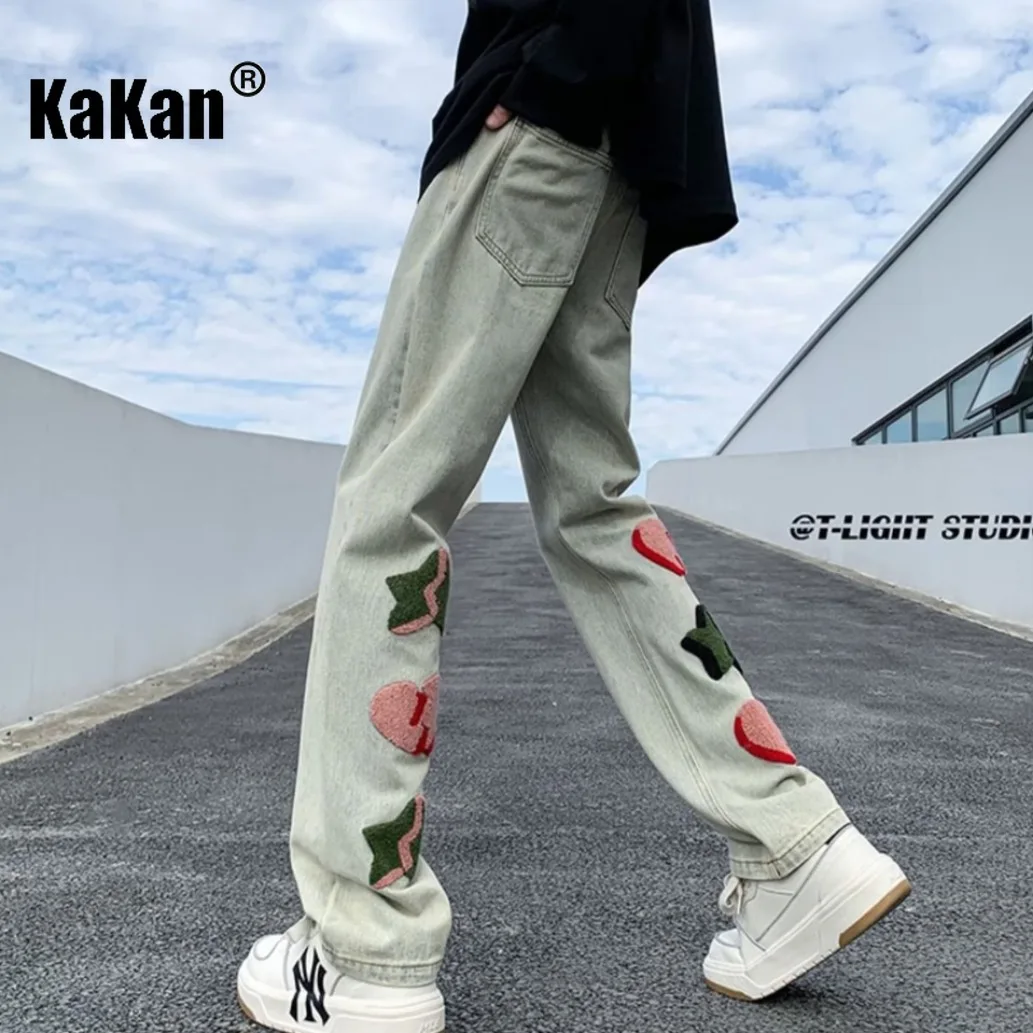 Kakan - Europe and The United States New Towel Embroidery Jeans Men's, High Street Straight Loose Niche Long Jeans K63-1049