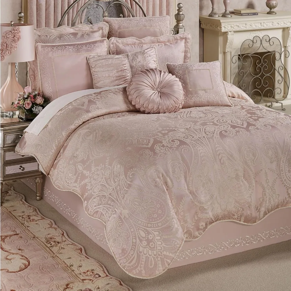 Touch of Class Romantic Princess Blush Oversized Jacquard Woven Scrollwork Comforter Set Queen Size, Bedroom Bedding, Comforter